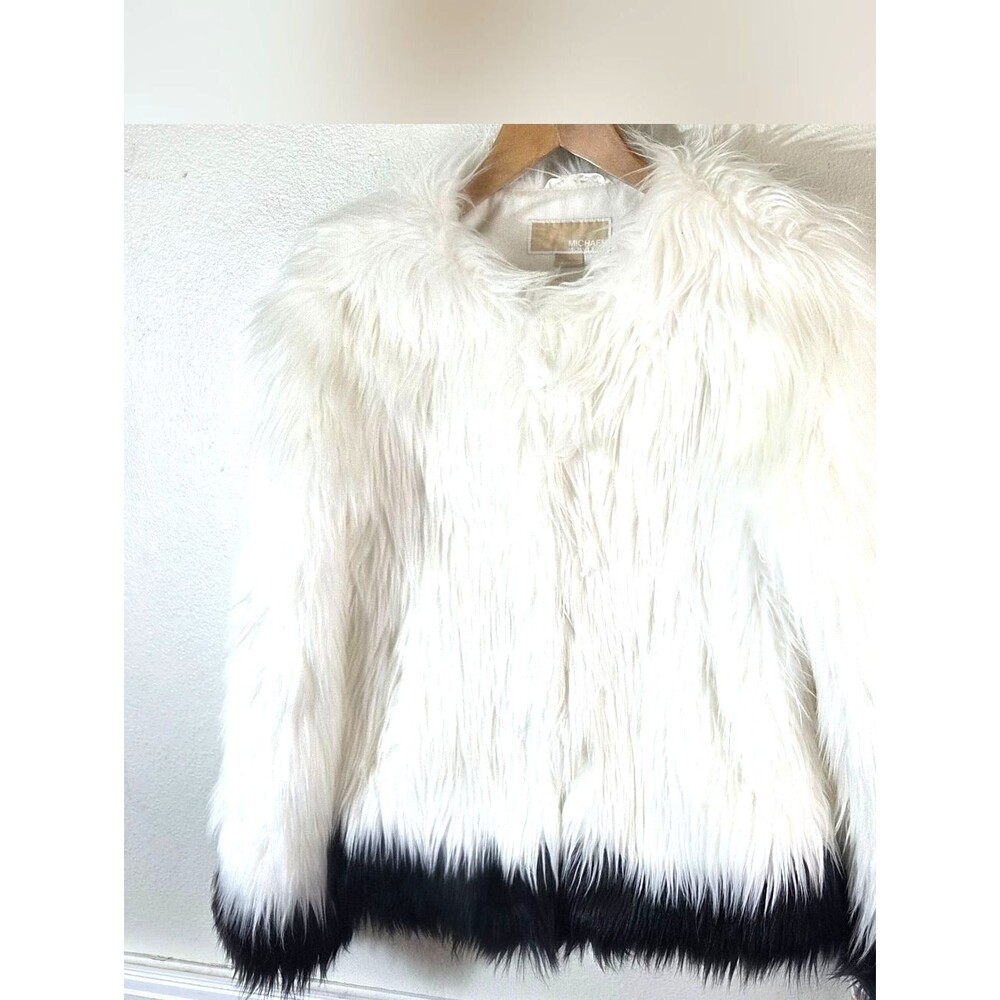 NWT Michael Michael Kors Faux Fur Jacket Womens Small White Black Colorblock - Picture 7 of 11